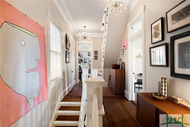 hall featuring a chandelier, crown molding, and dark hardwood / wood-style floors