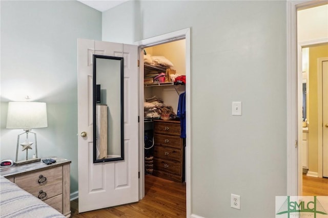 bedroom featuring a spacious closet, a closet, and hardwood / wood-style flooring