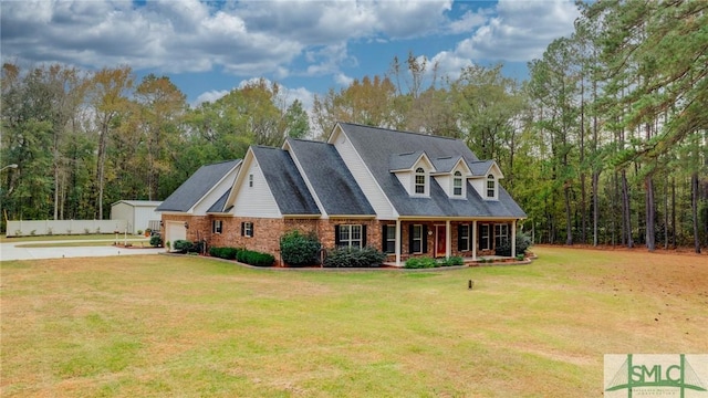 rear view of property featuring a yard, a porch, and a garage