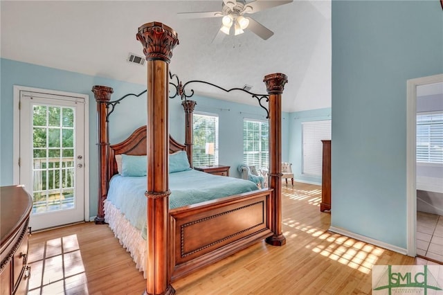 bedroom featuring access to exterior, ceiling fan, and light wood-type flooring