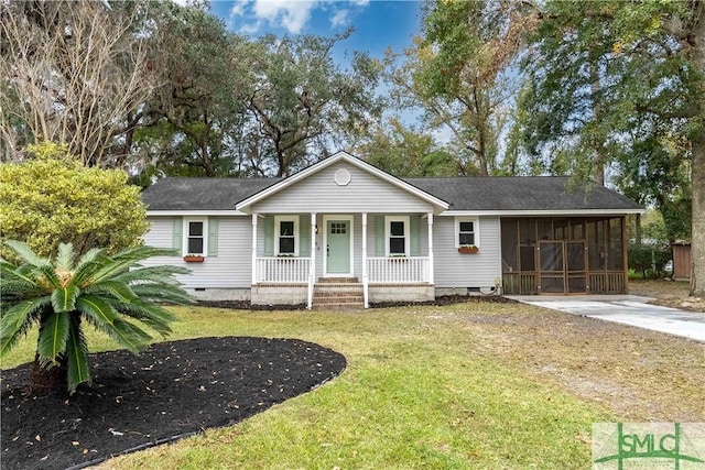 ranch-style house with a front yard, a sunroom, and a porch