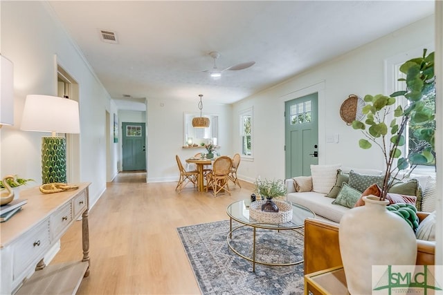 living room featuring ceiling fan and light hardwood / wood-style floors