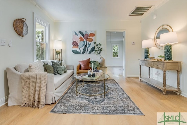 living room featuring ornamental molding and hardwood / wood-style flooring