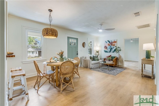 dining room featuring ceiling fan and light hardwood / wood-style flooring