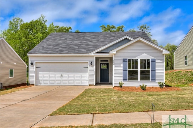 view of front facade featuring central AC unit, a garage, and a front lawn