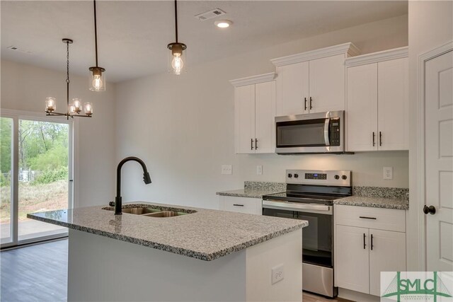 kitchen with sink, an island with sink, pendant lighting, white cabinets, and appliances with stainless steel finishes