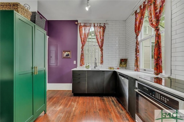 kitchen featuring green cabinets, a wealth of natural light, dark hardwood / wood-style flooring, and appliances with stainless steel finishes