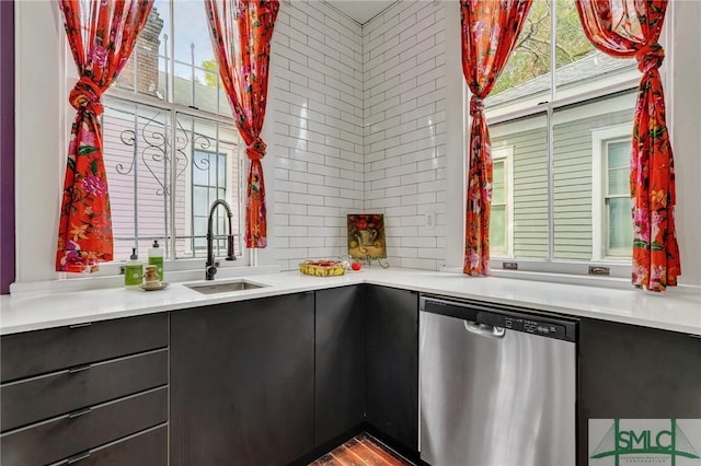 kitchen with wood-type flooring, stainless steel dishwasher, a wealth of natural light, and sink