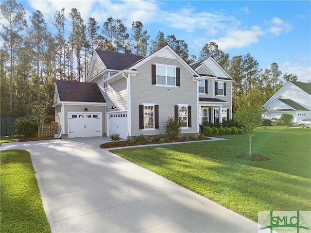 view of front of home with a garage and a front lawn