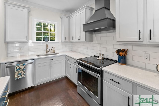 kitchen with dark wood-type flooring, sink, custom range hood, white cabinetry, and stainless steel appliances