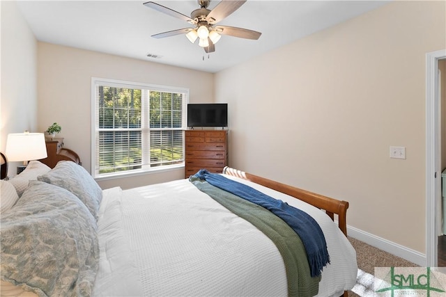 bedroom with ceiling fan and carpet floors