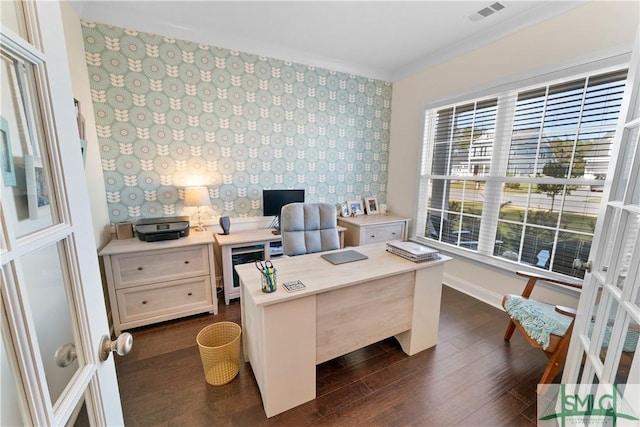 office space with dark hardwood / wood-style flooring and ornamental molding