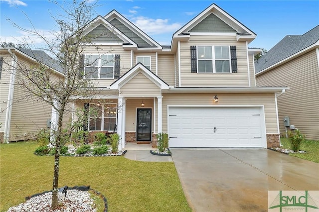 craftsman-style home with a garage and a front lawn