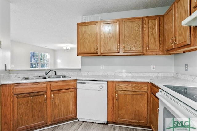 kitchen featuring a textured ceiling, white appliances, extractor fan, sink, and light hardwood / wood-style flooring