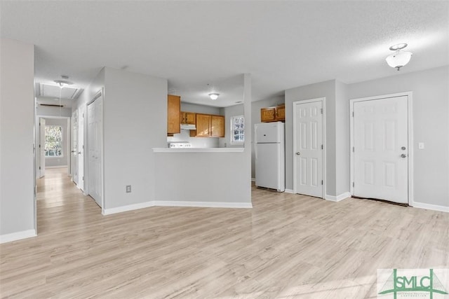 unfurnished living room featuring a textured ceiling and light hardwood / wood-style flooring