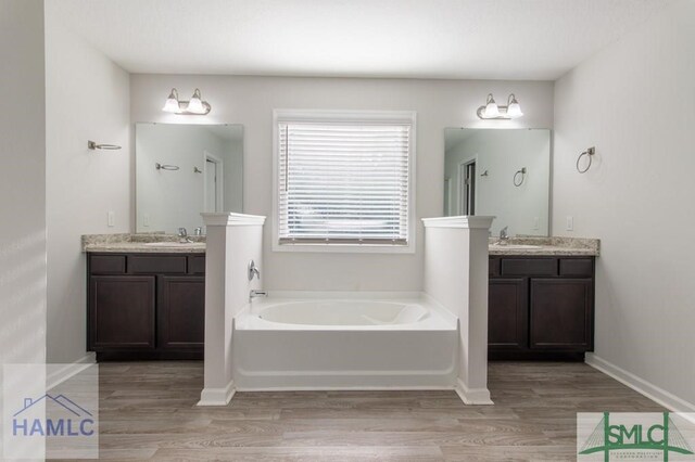 bathroom featuring vanity, wood-type flooring, and a bathing tub