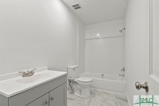 full bathroom with shower / bathing tub combination, vanity, and toilet