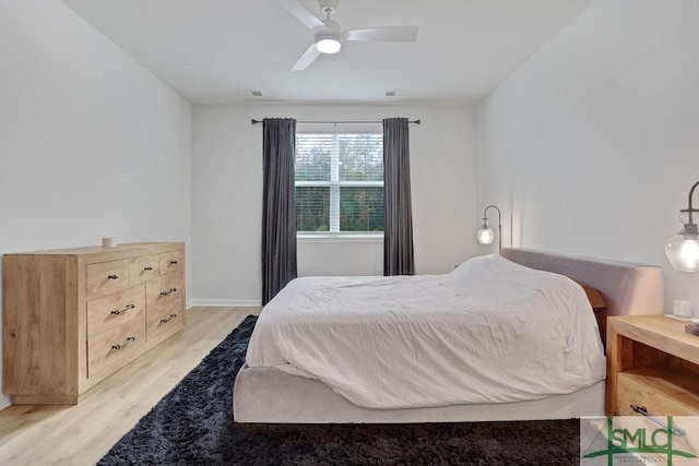 bedroom featuring ceiling fan and light hardwood / wood-style floors