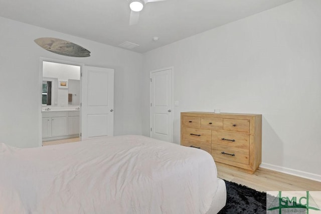 bedroom with ceiling fan, light hardwood / wood-style floors, and ensuite bath