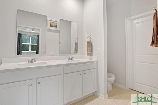 bathroom featuring ceiling fan, tile patterned flooring, vanity, and toilet