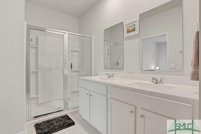 bathroom with tile patterned flooring, vanity, and a shower with shower door