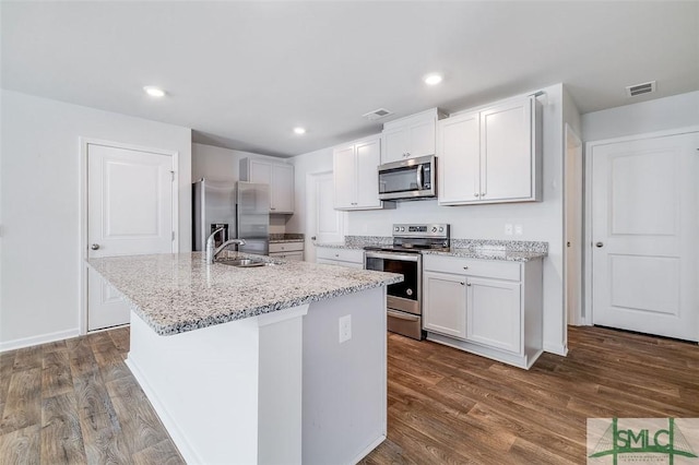 kitchen with white cabinetry, a center island with sink, dark wood-type flooring, and appliances with stainless steel finishes