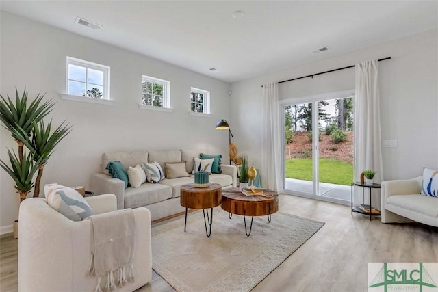 living room featuring a healthy amount of sunlight and light hardwood / wood-style flooring