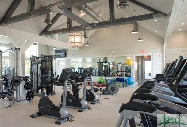 gym featuring carpet floors and high vaulted ceiling