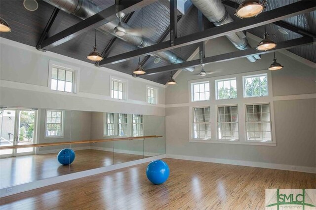 exercise area with a wealth of natural light, hardwood / wood-style floors, and high vaulted ceiling