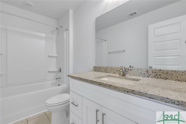 full bathroom with bathing tub / shower combination, vanity, and toilet