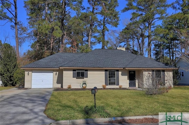 ranch-style home featuring a garage and a front yard