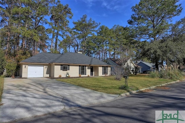 ranch-style home featuring a garage and a front lawn