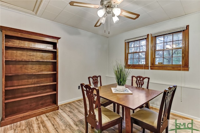 dining room featuring ceiling fan and light hardwood / wood-style flooring