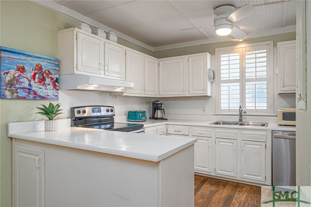 kitchen featuring dark hardwood / wood-style flooring, stainless steel appliances, ceiling fan, sink, and white cabinetry