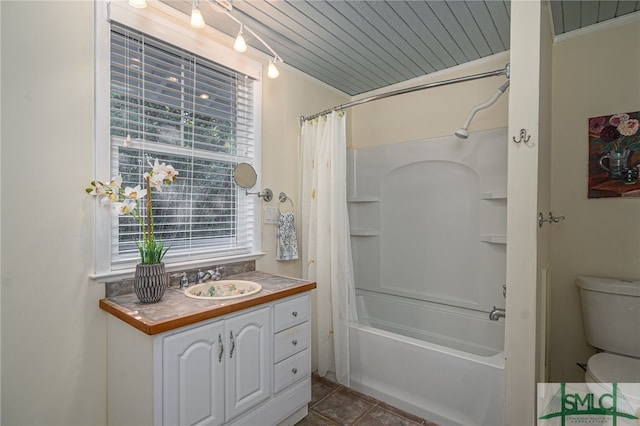 full bathroom featuring shower / bath combo, vanity, wooden ceiling, tile patterned flooring, and toilet