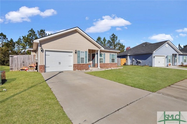 ranch-style house with a front yard and a garage