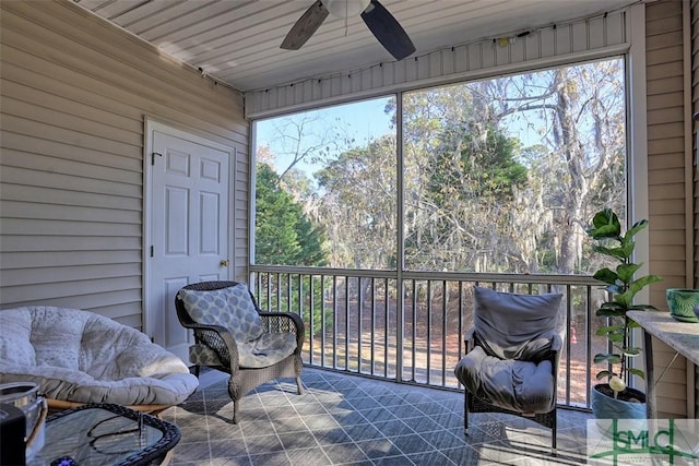 sunroom / solarium featuring ceiling fan and wood ceiling