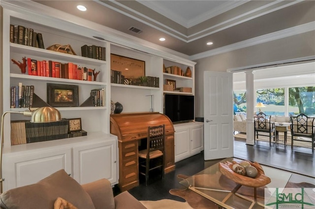 sitting room featuring dark hardwood / wood-style flooring, decorative columns, and crown molding