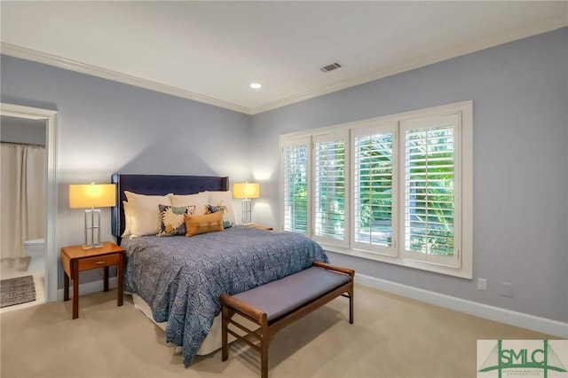 carpeted bedroom with crown molding