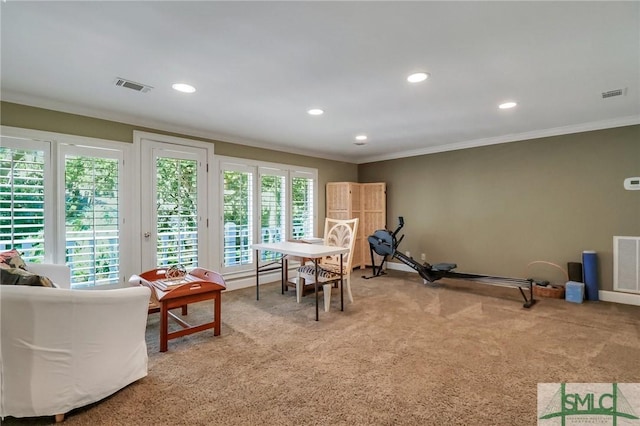 workout room with light carpet and ornamental molding