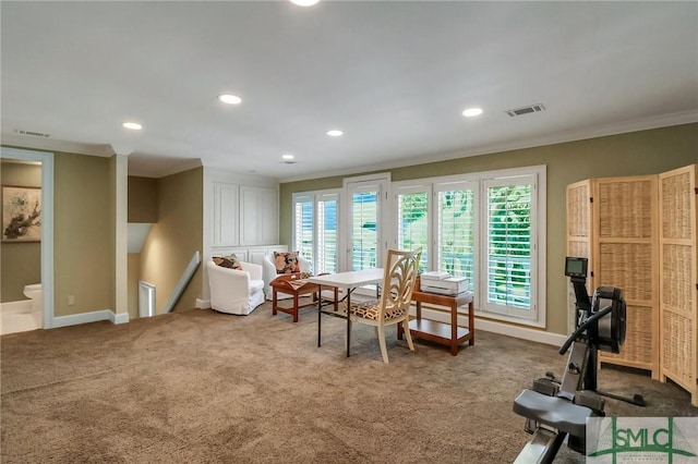 exercise room featuring light carpet, crown molding, and a healthy amount of sunlight