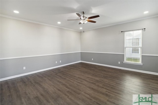 empty room featuring ceiling fan, dark hardwood / wood-style floors, and ornamental molding