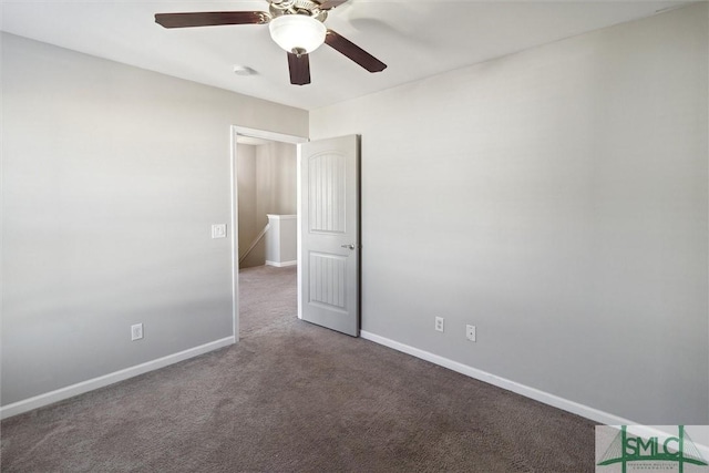 unfurnished room featuring carpet flooring and ceiling fan