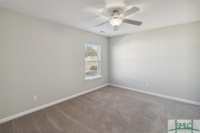 unfurnished room featuring carpet flooring and ceiling fan