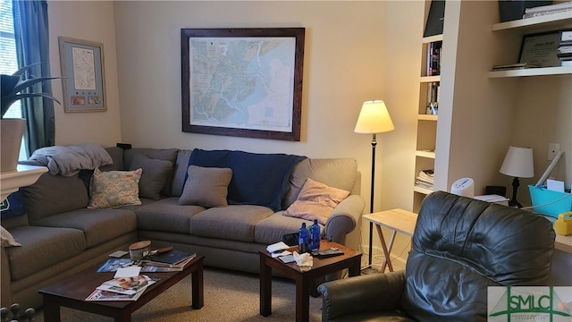 living room with carpet and built in features