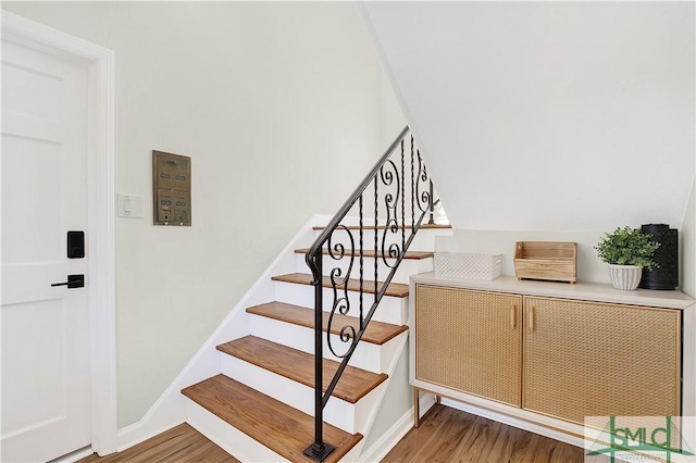 stairway with hardwood / wood-style floors