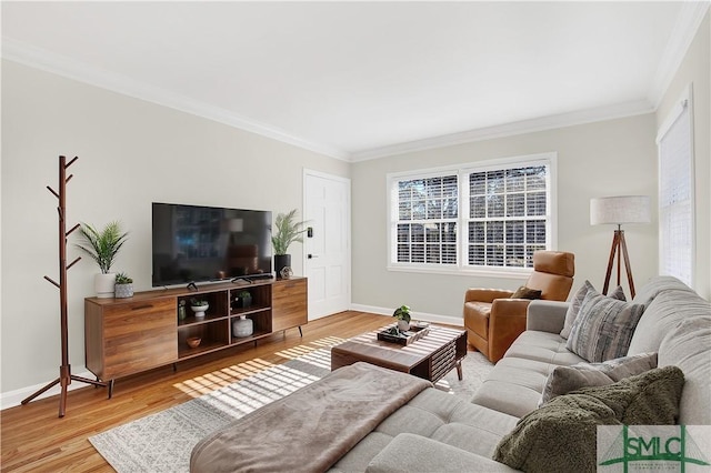 living room with hardwood / wood-style floors and ornamental molding