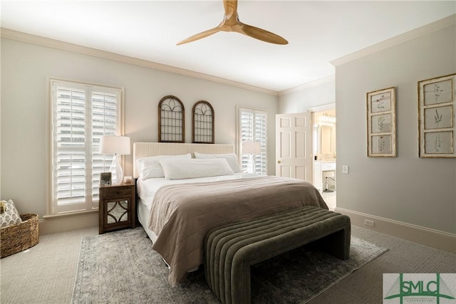 carpeted bedroom featuring multiple windows, ceiling fan, and crown molding