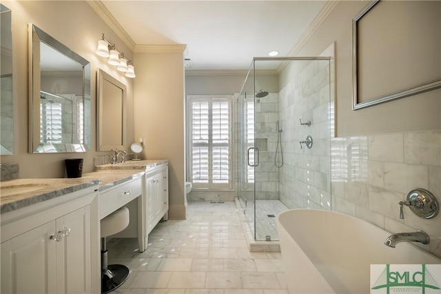 full bathroom featuring vanity, crown molding, plus walk in shower, and toilet