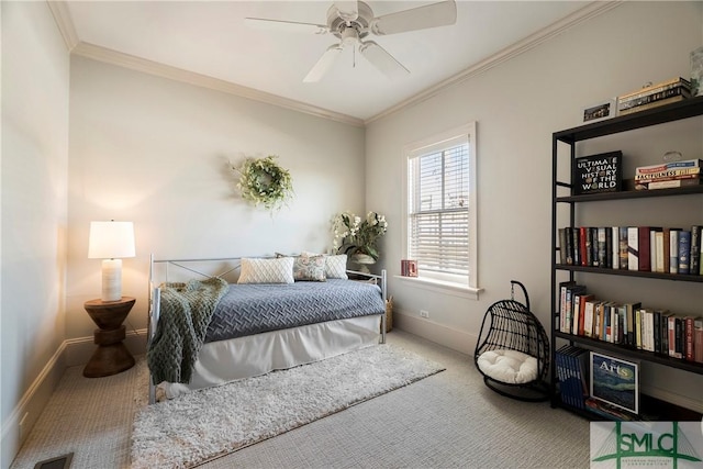 bedroom featuring carpet flooring, ceiling fan, and ornamental molding